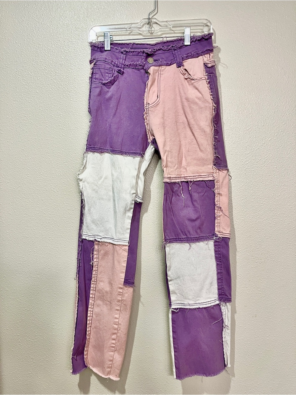 Distressed Patchwork Pants - Pink, Purple, & White